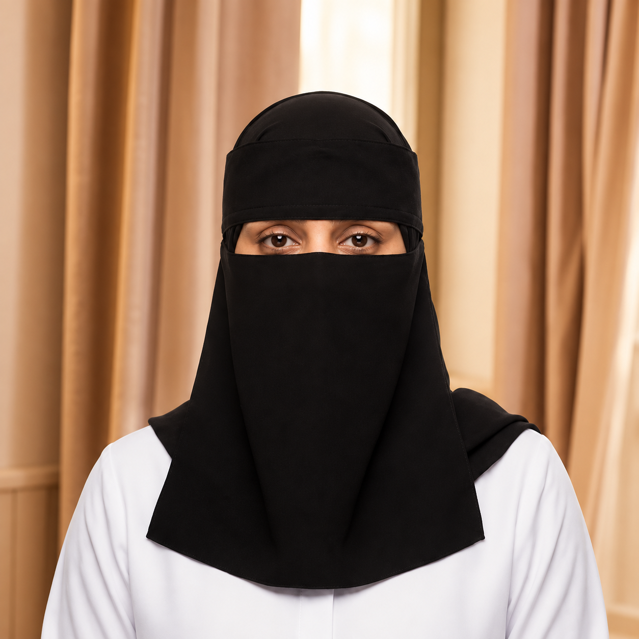 Portrait of Maryam wearing a black niqab